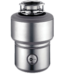 A stainless steel garbage disposal with the lid up.