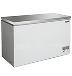 A white chest freezer with a stainless steel top.