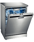 A stainless steel dishwasher with blue lights on the side.