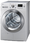 A silver washing machine with its door open.