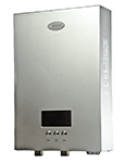 A silver wall mounted water heater with digital display.
