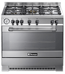 A stainless steel oven with six burners and two ovens.