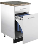 A stainless steel cabinet with two drawers and one door open.